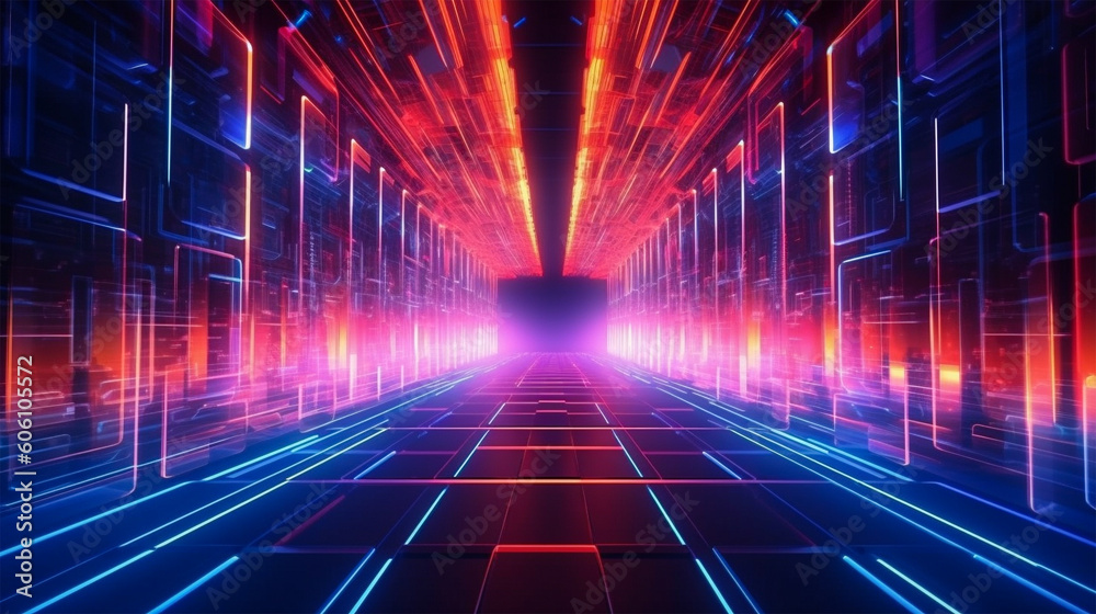 Abstract neon lights into digital technology tunnel. Futuristic ...