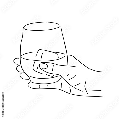 Hand holding glass of whiskey. Ink black and white drawing. Vector.