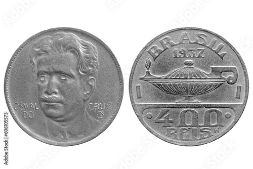 Quadro em tela Brazilian silver coin of 400 réis front and back from the year 1937