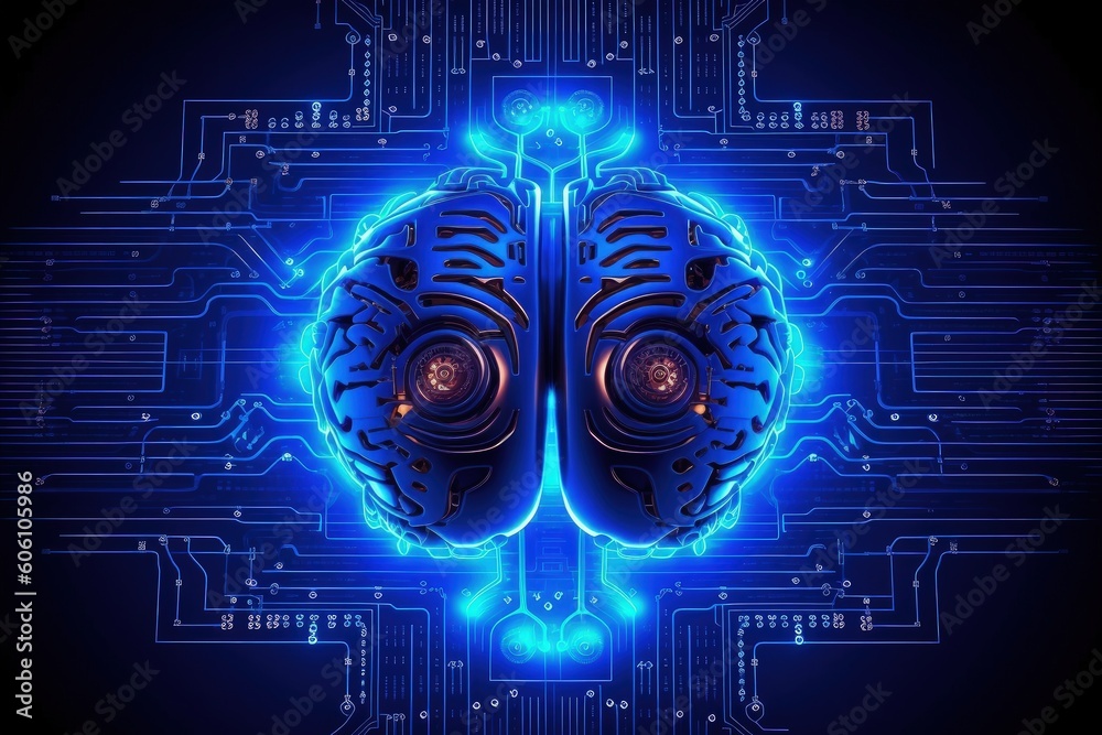 Robotic brain connected to circuits, artificial intelligence concept, blue neon light. Generative AI