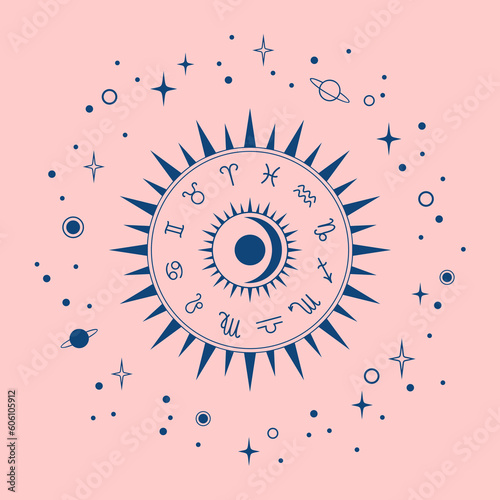 Dark blue zodiac circle with planets and stars around on a pink background. Vector illustration
