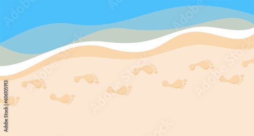 Footprints of bare feet in the sand on the beach along the coastline. Flat vector illustration