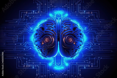 Robotic brain connected to circuits, artificial intelligence concept, blue neon light. Generative AI