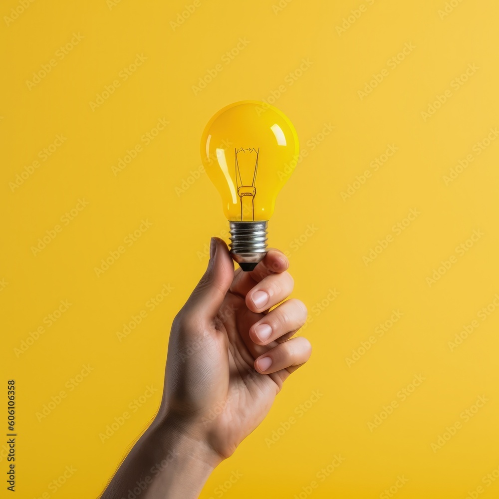 Hand holding a light bulb on yellow background, ideas and creativity concept. Generative AI Hand holding a light bulb on yellow background, ideas and creativity concept. Generative AI