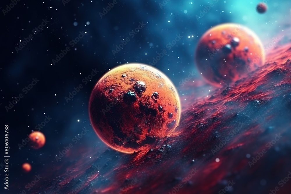 a group of planets in a space with stars in the background and a blue ...