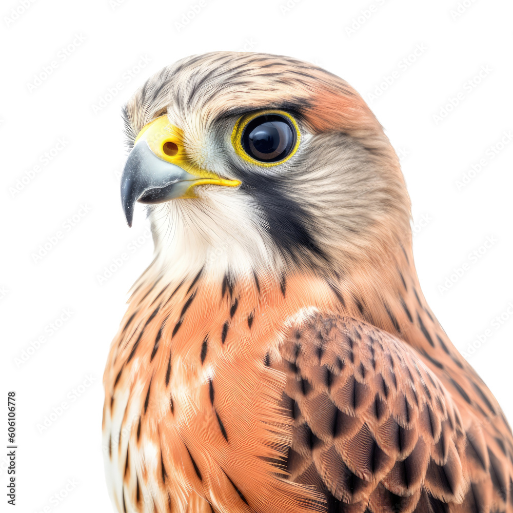 an American Kestrel, Portrait, tiny raptor, a bird of prey, piercing eyes, classic falconry, aerial hunter Nature-themed, photorealistic illustrations in a PNG, cutout, and isolated. Generative AI