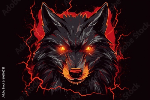 Ferocious wolf face with luminous eyes, background, digital illustration. Generative AI