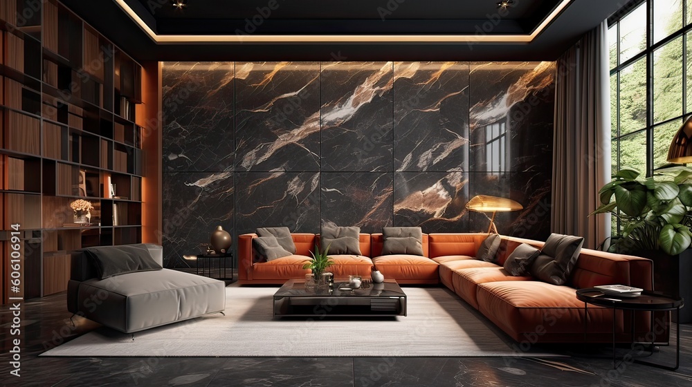 Modern interior design of a living room in an apartment. Generative AI Modern interior design of a living room in an apartment. Generative AI