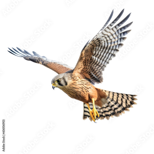 an American Kestrel, in flight, 3/4 view, a bird of prey, piercing eyes, falconry, aerial hunter Nature-themed, photorealistic illustrations in a PNG, cutout, and isolated. Generative AI