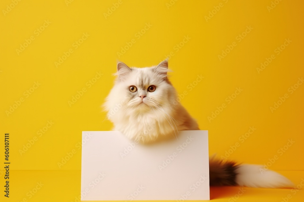White cat on yellow background, space to write, yellow background, digital illustration. Generative AI