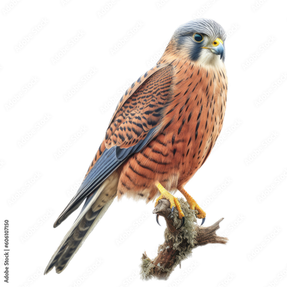 an American Kestrel, full body, perched view, a bird of prey, piercing eyes, classic falconry, aerial hunter Nature-themed, photorealistic illustrations in a PNG, cutout, and isolated. Generative AI an American Kestrel, full body, perched view, a bird of prey, piercing eyes, classic falconry, aerial hunter Nature-themed, photorealistic illustrations in a PNG, cutout, and isolated. Generative AI