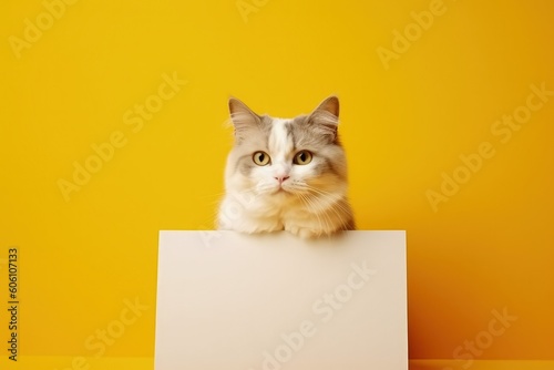 White cat on yellow background, space to write, yellow background, digital illustration. Generative AI