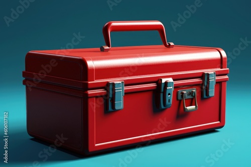 Red toolbox on blue background, digital illustration. Generative AI photo