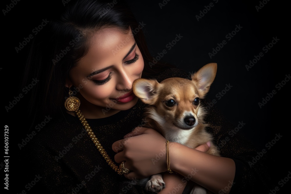 Chihuahua cute puppy cuddles into a young good looking woman Chihuahua cute puppy cuddles into a young good looking woman