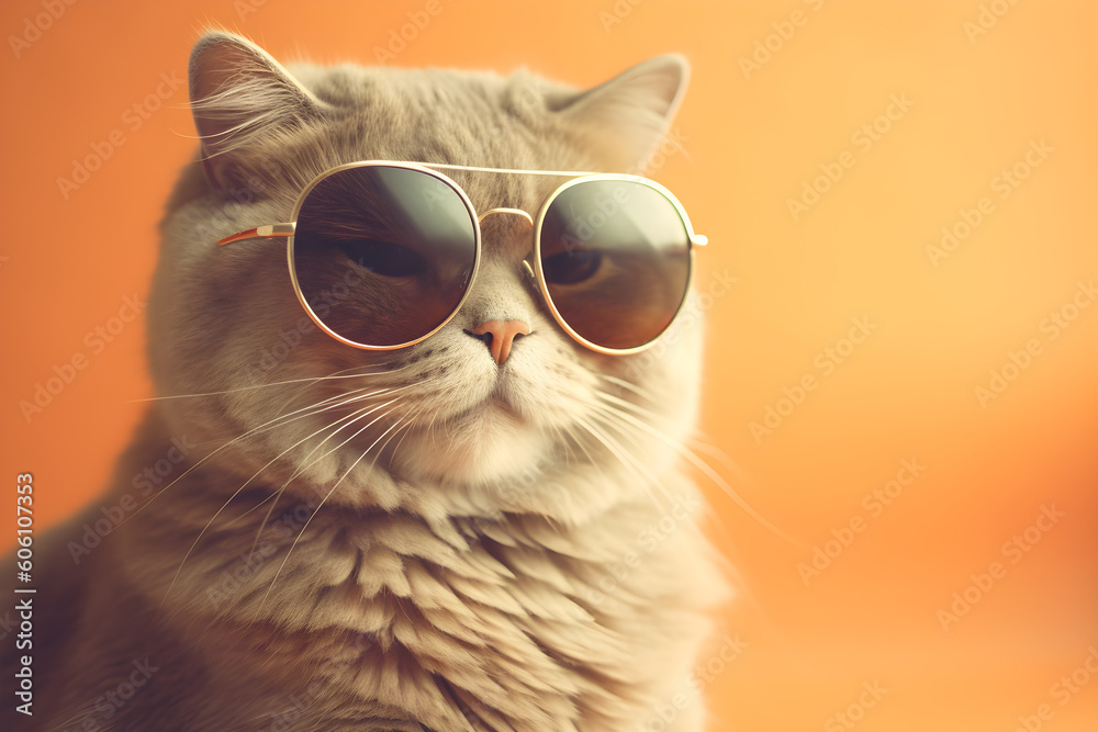 Grey cat with sunglasses portrait orange isolated studio shot