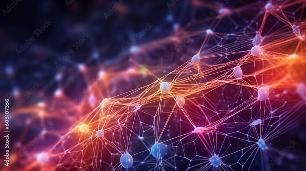 Fototapeta premium Cyber big data flow. Blockchain data fields. Network line connect stream. Concept of AI technology, digital communication, science research, 3D illustration neural cells. Generative Ai.