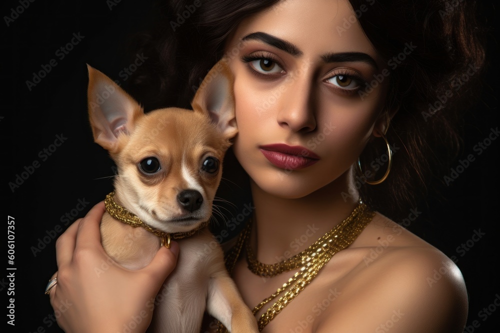 Chihuahua puppy with golden necklace cuddles into a young sexy woman