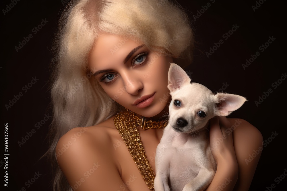 Chihuahua puppy with golden necklace cuddles into a young sexy woman Chihuahua puppy with golden necklace cuddles into a young sexy woman