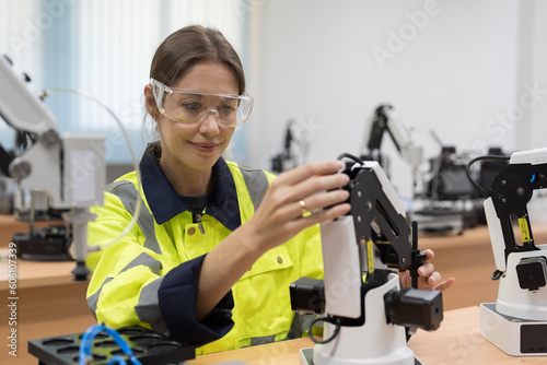 Automated manufacturing industries. Innovative technology. Female engineer inspecting quality of compact desktop robotic arm for for manufacturing lines in workshop. Smart automation tasks concept