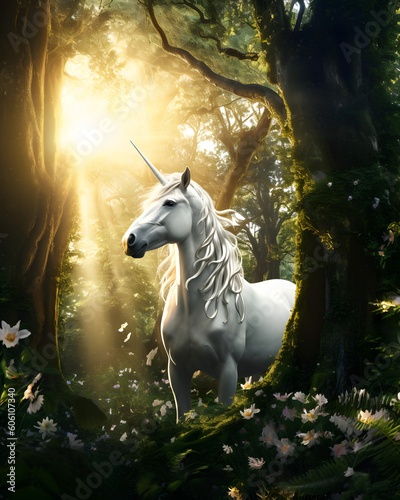 Unicorn in the forest. Generative AI.