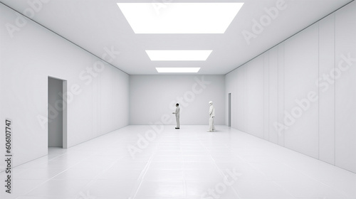A person standing in the middle of a white boundless room with sunlight through the window and shadow overlay. Generative Ai.