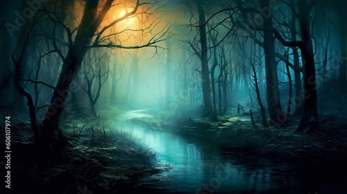 An ethereal scene of a misty forest illuminated by soft  diffused moonlight filtering through the trees  creating an enchanting atmosphere. Generative Ai.