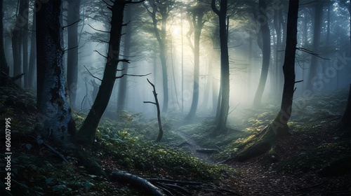 An ethereal scene of a misty forest illuminated by soft, diffused moonlight filtering through the trees, creating an enchanting atmosphere. Generative Ai.