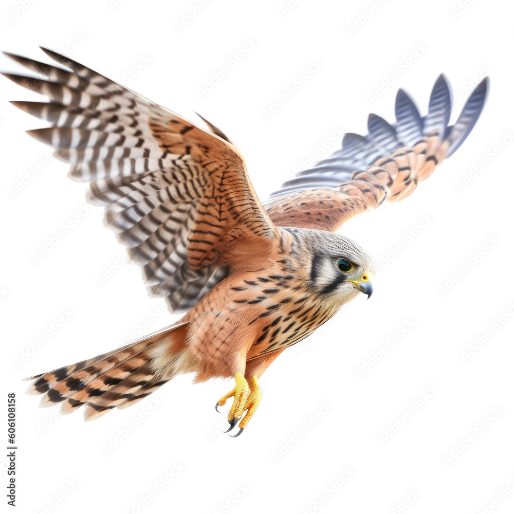 Fototapeta premium an American Kestrel, in flight, 3/4 and side views, a bird of prey, smallest falcon, falconry, aerial hunter Nature-themed, photorealistic illustrations in a PNG, cutout, and isolated. Generartive AI
