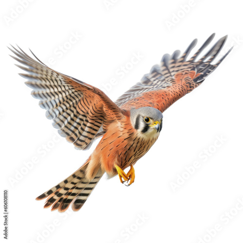 an American Kestrel, in flight, 3/4 view, a bird of prey, piercing eyes, falconry, aerial hunter Nature-themed, photorealistic illustrations in a PNG, cutout, and isolated. Generative AI photo