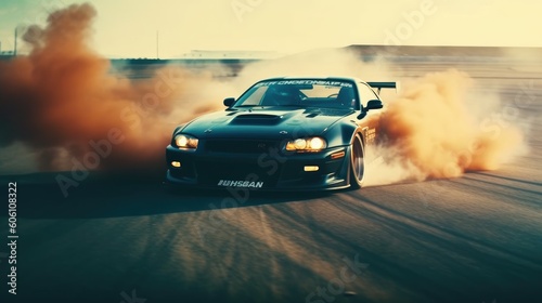 Sports car drifting on the track with smoke flying from the wheels. Generative AI © Viktor
