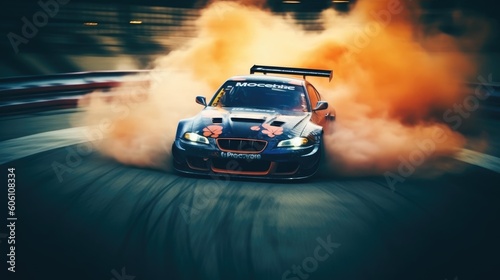 Sports car drifting on the track with smoke flying from the wheels. Generative AI © Viktor