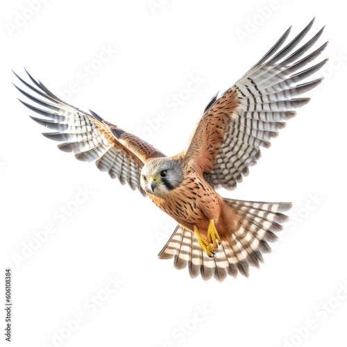 an American Kestrel, in flight, 3/4 view, a bird of prey, piercing eyes, falconry, aerial hunter Nature-themed, photorealistic illustrations in a PNG, cutout, and isolated. Generative AI