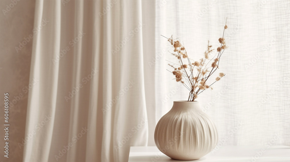 Glamor shot of a cream white vase containing dried flowers, on a white table in front of a white background with soft white curtains nearby. Generative Ai. Glamor shot of a cream white vase containing dried flowers, on a white table in front of a white background with soft white curtains nearby. Generative Ai.