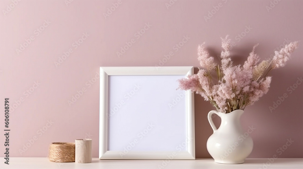 White picture frame on a pastel wall in a minimalist apartment clear of clutter, minimalist backgrounds, solid color background, dried flowers. Generative Ai. White picture frame on a pastel wall in a minimalist apartment clear of clutter, minimalist backgrounds, solid color background, dried flowers. Generative Ai.