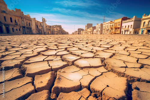 A cracked street with buildings in the background. Generative AI. photo