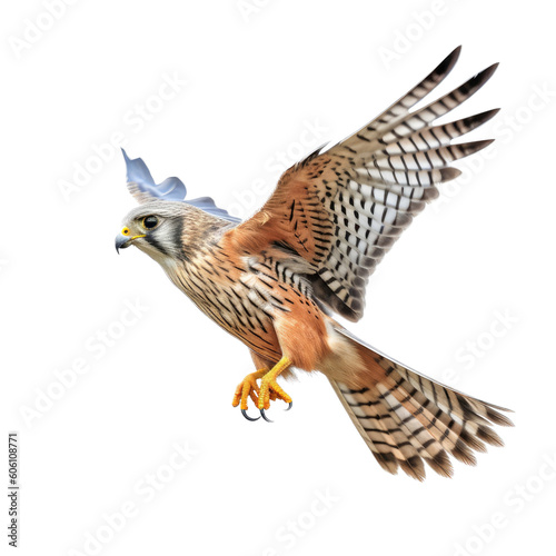 an American Kestrel, in flight, 3/4 and side views, a bird of prey, smallest falcon, falconry, aerial hunter Nature-themed, photorealistic illustrations in a PNG, cutout, and isolated. Generartive AI © Purple Penguin GFX
