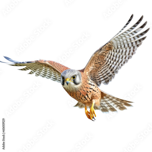 an American Kestrel, in flight, 3/4 view, a bird of prey, piercing eyes, falconry, aerial hunter Nature-themed, photorealistic illustrations in a PNG, cutout, and isolated. Generative AI