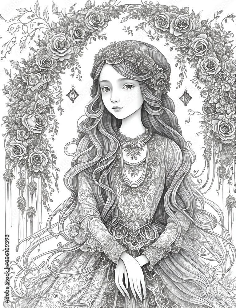 coloring page of a girl in garden surround by flowers coloring page of a girl in garden surround by flowers