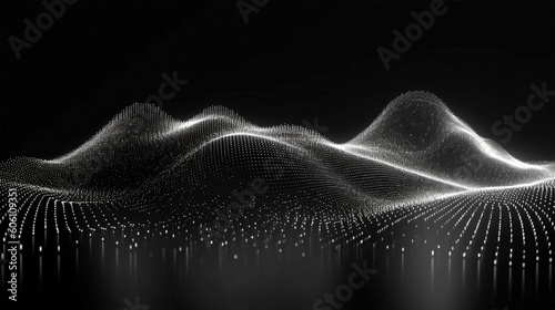 Abstract wave particle with moving dots and lines for music instrument. Flow of particles. Cyber technology illustration. 3d rendering. Generative Ai.