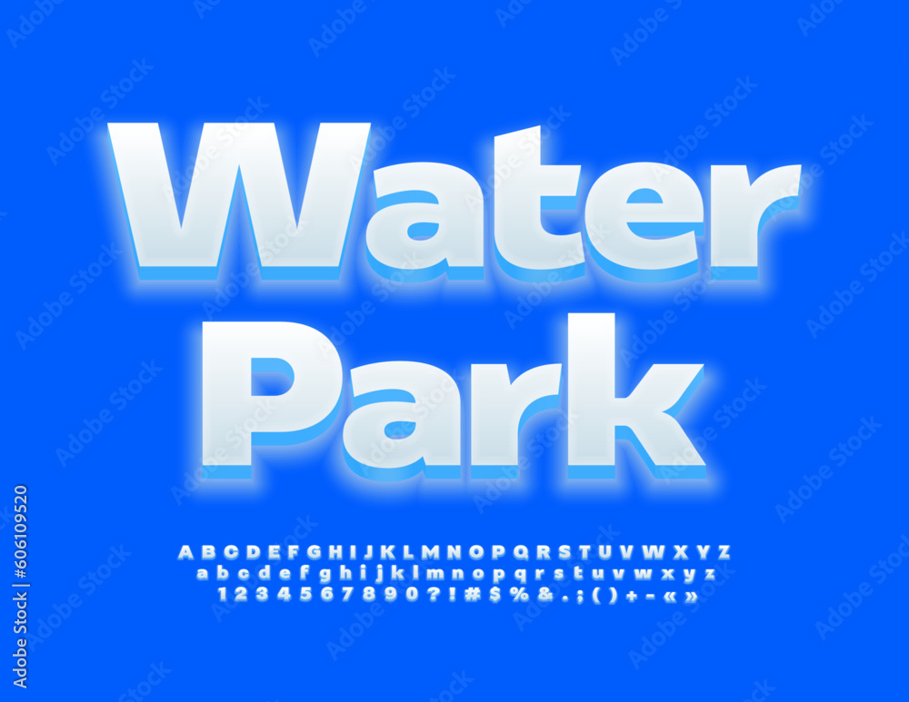 Vector creative Sign Water Park. Stylish Glowing Font. Modern White 3D Alphabet Letters and Numbers