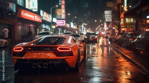 Luxury sports car at night, background, big city full of lights © Viktor