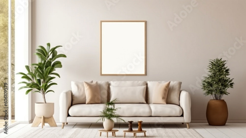 Empty white horizontal frame mockup natural light, bright, feminine, summer, modern background, natural and neutral colors, living room scandinavian.Generative Ai.