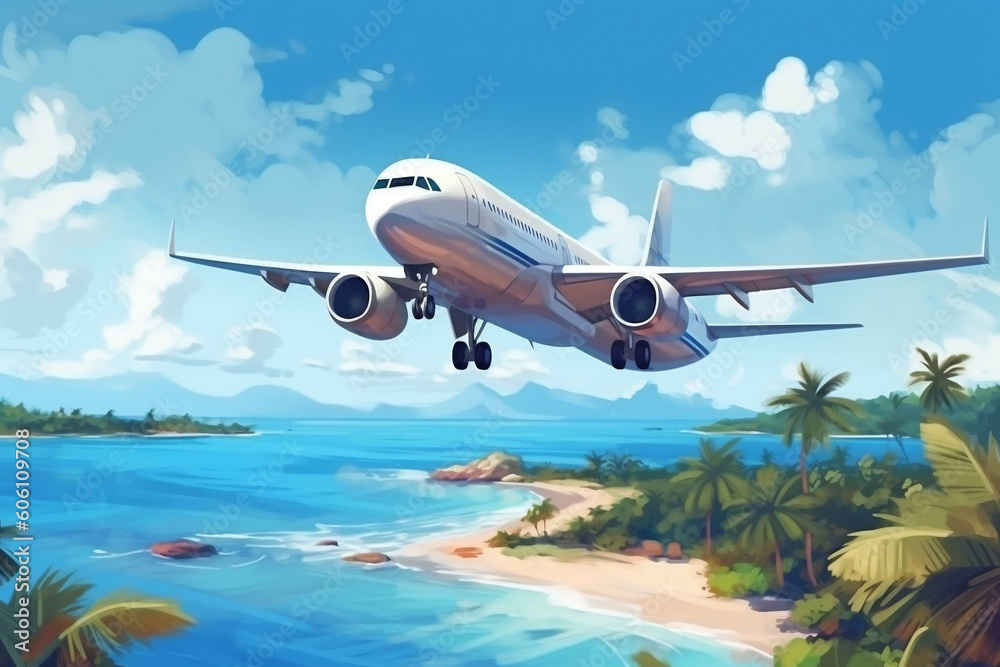 Fototapeta premium White passenger aircraft flying over tropical islands and coastline, generative AI