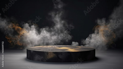 Dark stone podium for display product presentation with smoke. 3d pedestal design illustration. Generative Ai.