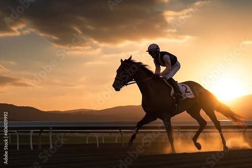 Sunset Horse Racing: Thoroughbred and Jockey Silhouette, generative AI © Ash