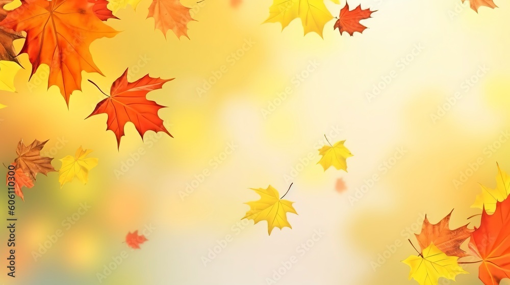 Autumn natural background with yellow and red maple leaves are flying and falling down, generate ai Autumn natural background with yellow and red maple leaves are flying and falling down, generate ai
