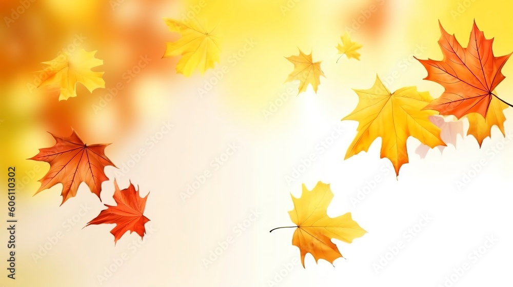 Autumn natural background with yellow and red maple leaves are flying and falling down, generate ai Autumn natural background with yellow and red maple leaves are flying and falling down, generate ai