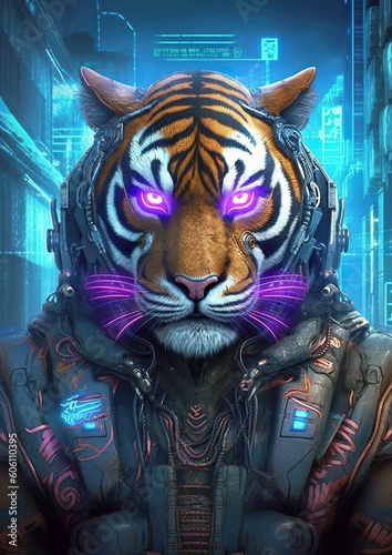 A glowing cybernetic tiger in a neon-lit dystopia. A futuristic tiger with cybernetic implants navigating a neon-lit cyberpunk realm. AI generated. 