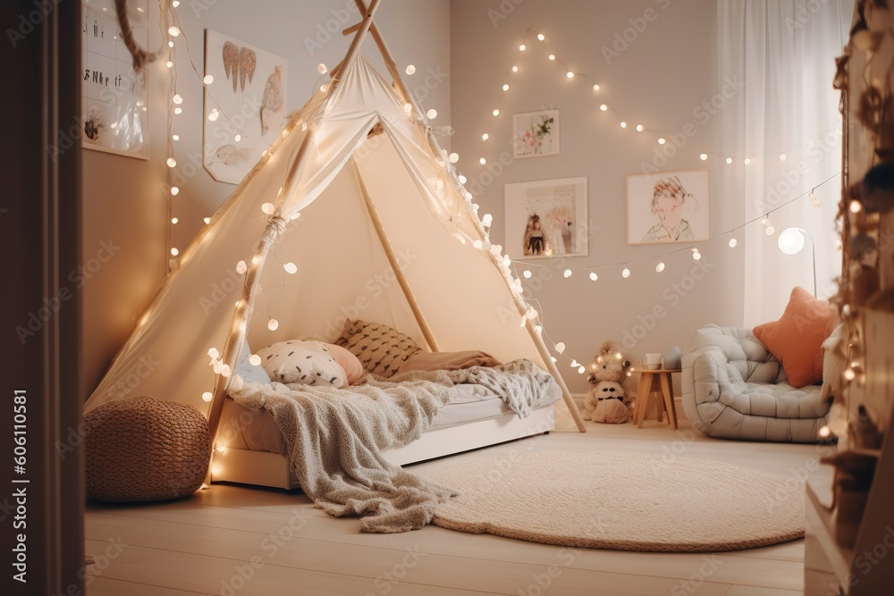 Kids bedroom in dark colors. Cozy kids room interior, scandinavian ...