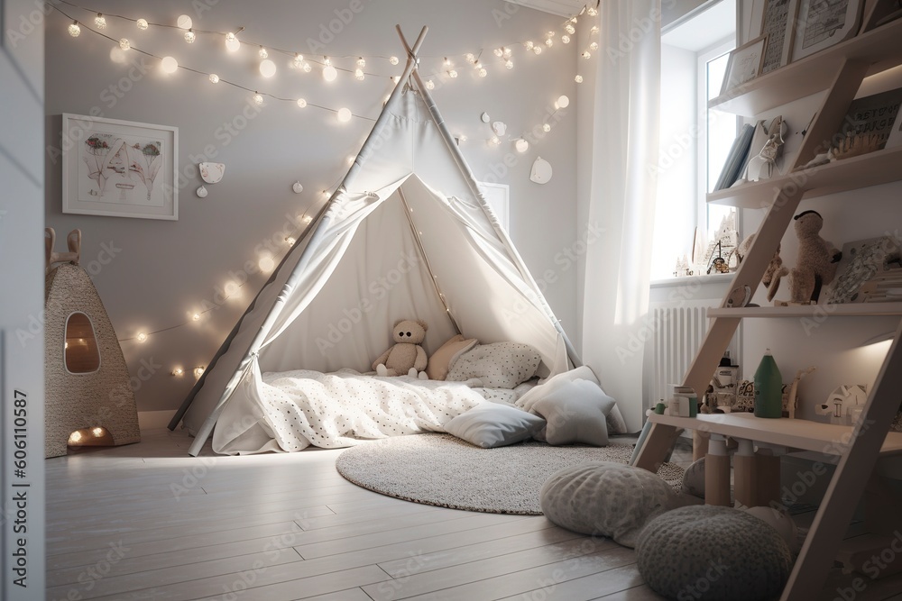 Kids bedroom in dark colors. Cozy kids room interior, scandinavian ...